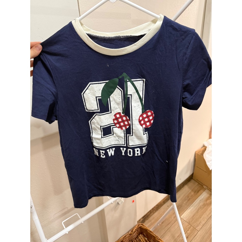 Navy Blue New York 21 Cherry Graphic Ringer T-Shirt Short Sleeve Varsity Tee